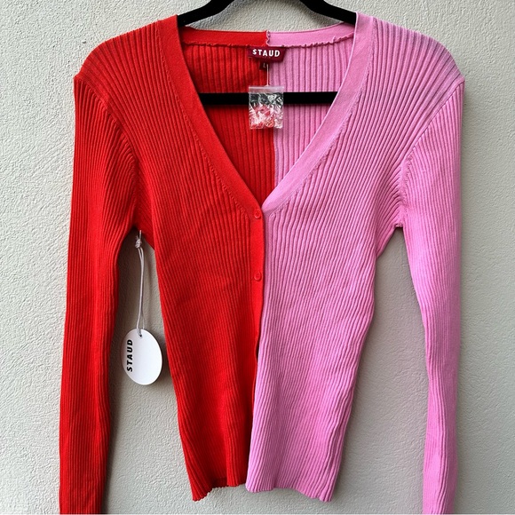 NWT STAUD Women’s Red Pink Cargo Cardigan Sweater Ribbed Size Large - Picture 5 of 12
